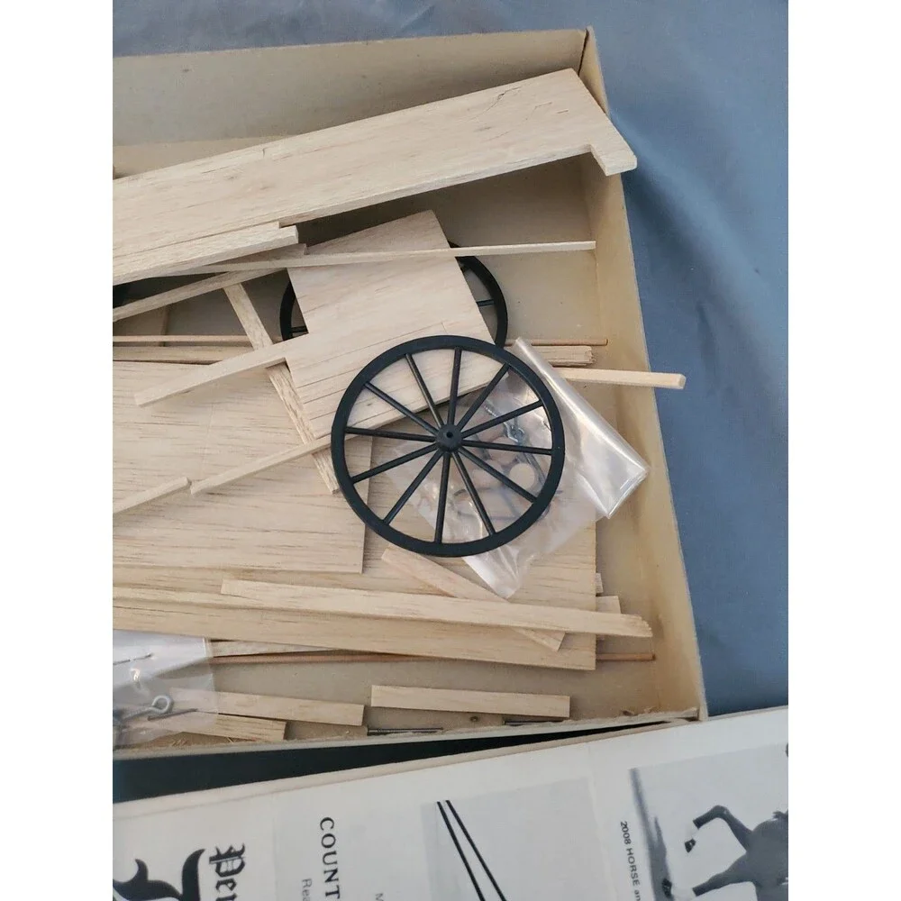 7 Vtg Wood Model Kit Lot Wooden Cover Wagon Log Cabin Sealed Read Gattling Buggy